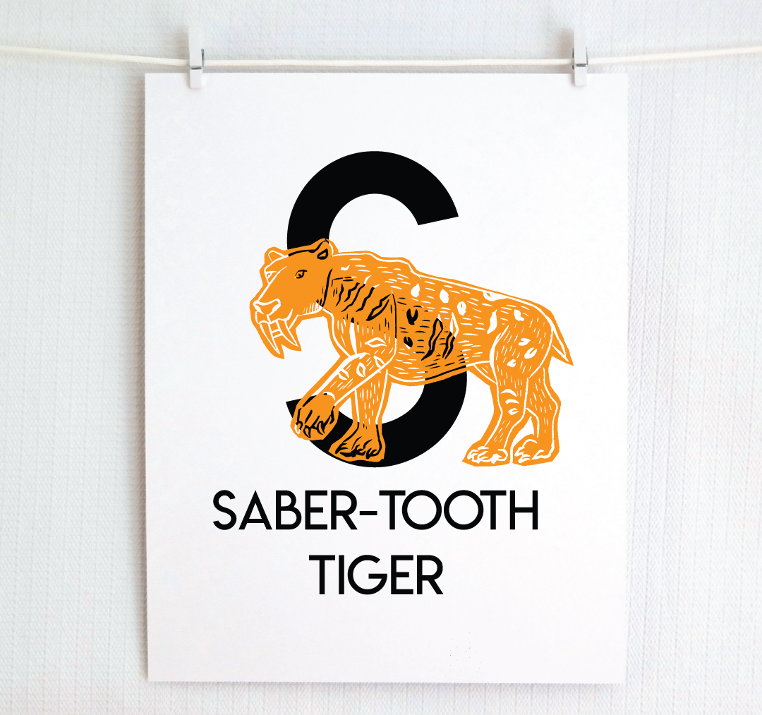 S is for Saber-Tooth Tiger Illustrated Print