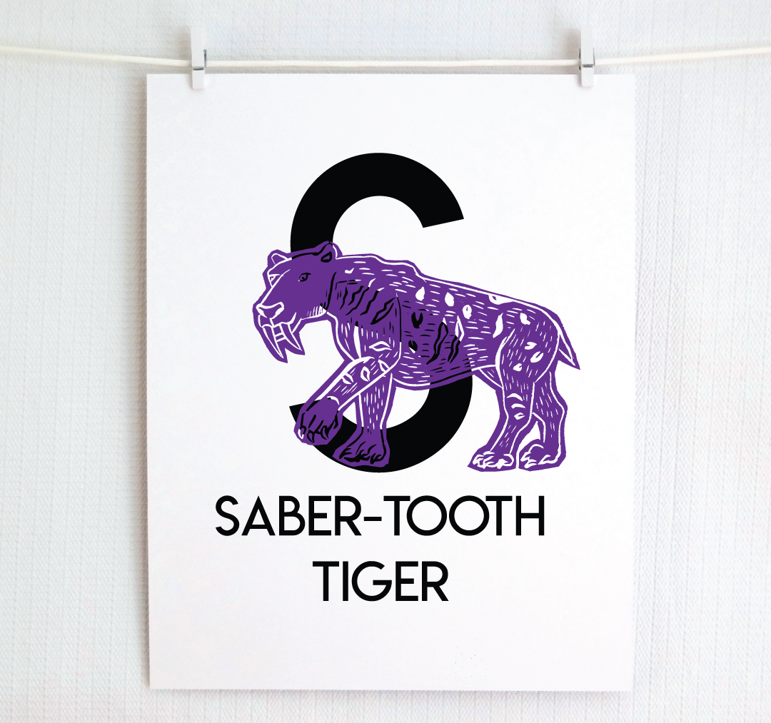 S is for Saber-Tooth Tiger Illustrated Print
