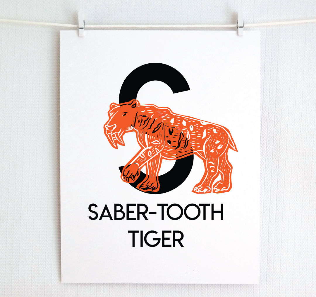 S is for Saber-Tooth Tiger Illustrated Print