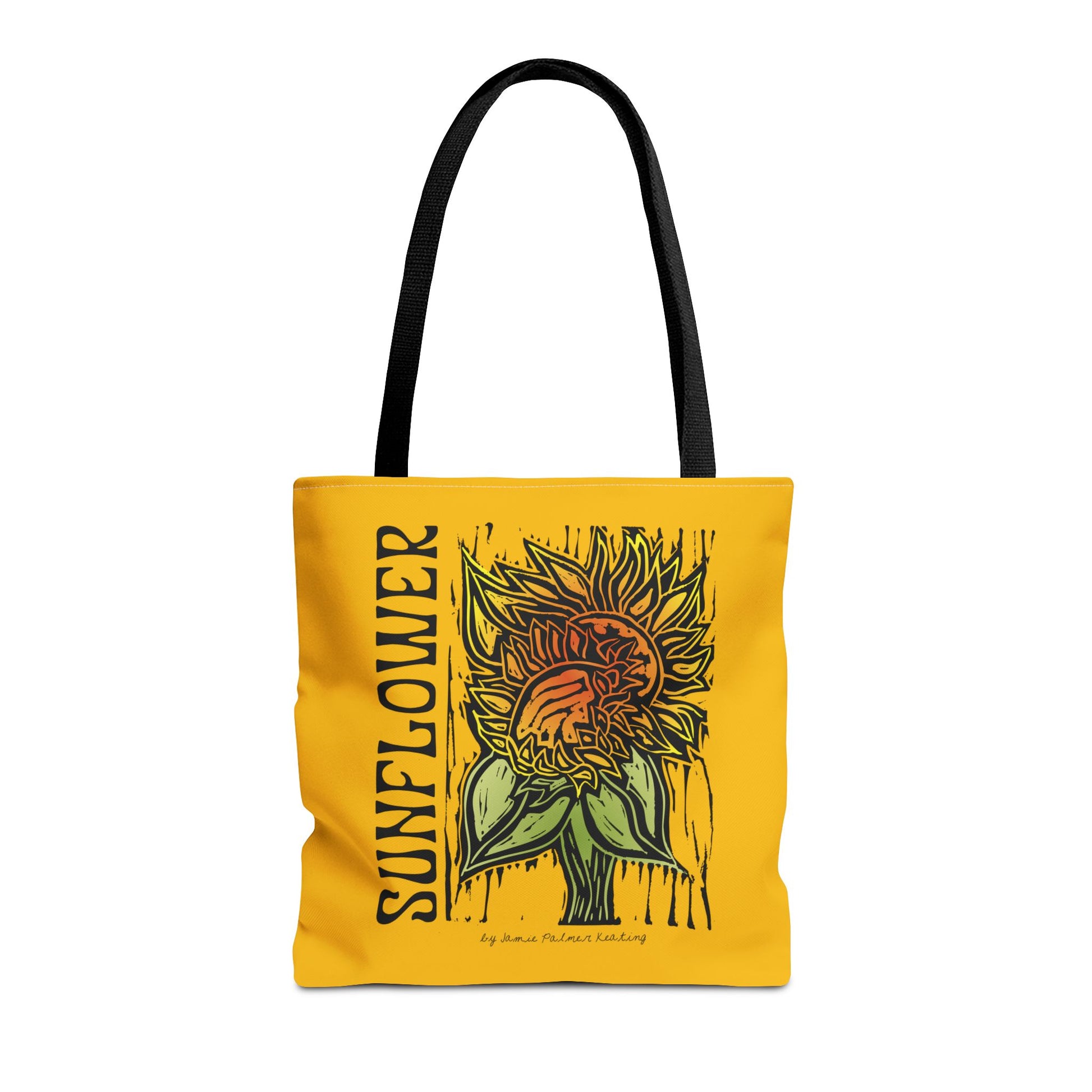 Yellow tote bag with sunflower design and text 