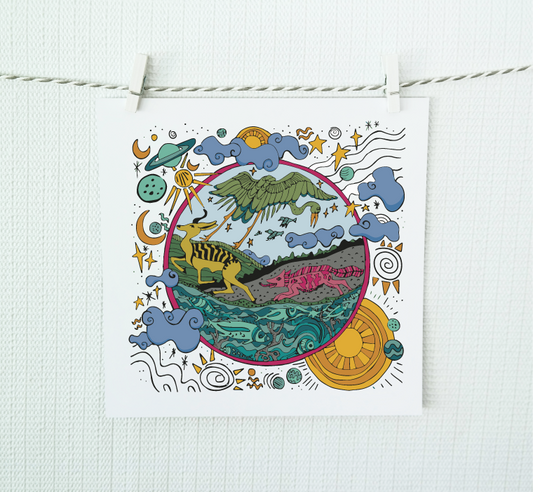 Colorful illustration of animals and nature elements on a white background