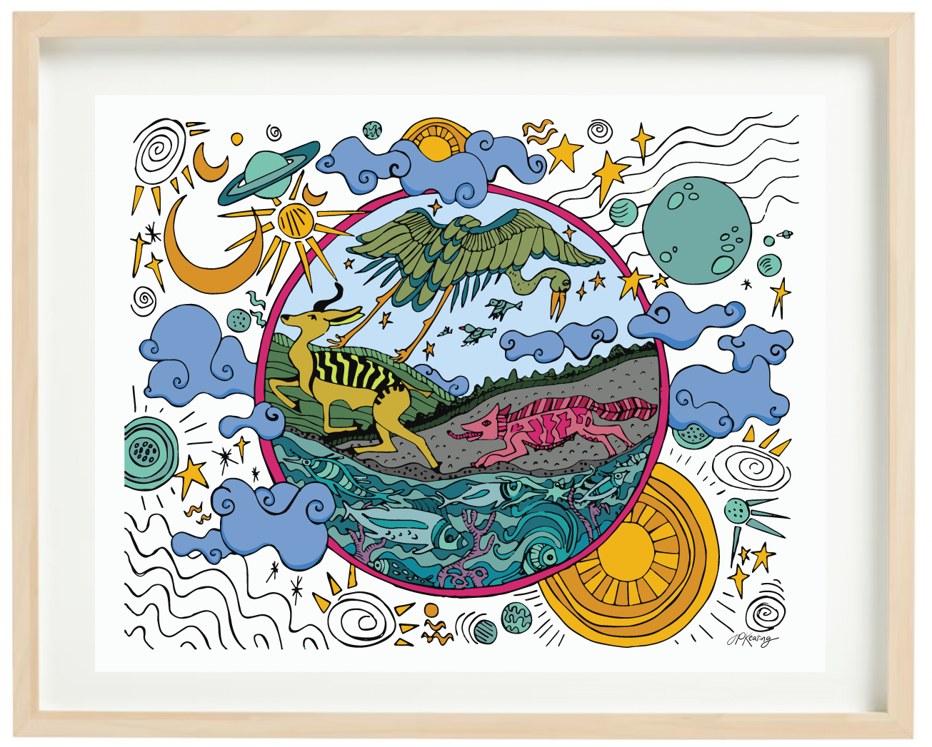 An illustration in the Art Nouveau style with colorful jewel-toned animals in nature within a circular composition, set in a larger frame of planets, clouds, moons and stars.

