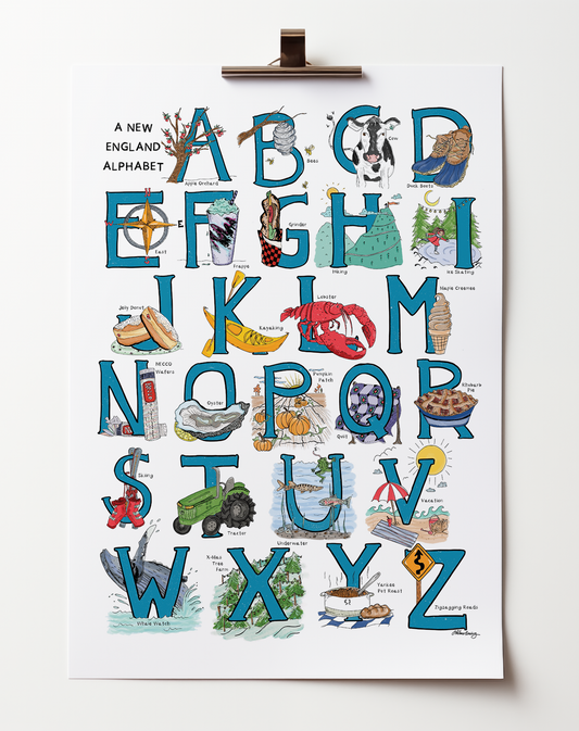 An illustrated alphabet of New England objects associated with each letter. Blue hand-drawn letters with colorful objects on a white background.
