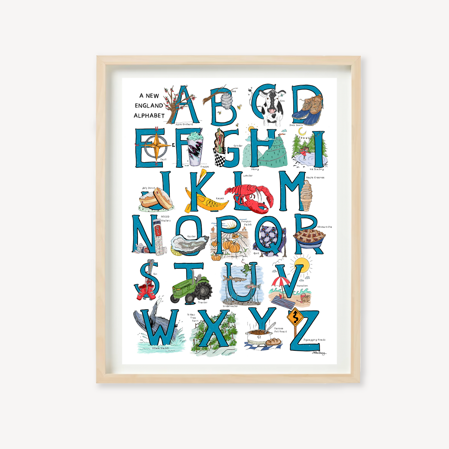 An illustrated alphabet of New England objects associated with each letter. Blue hand-drawn letters with colorful objects on a white background.
