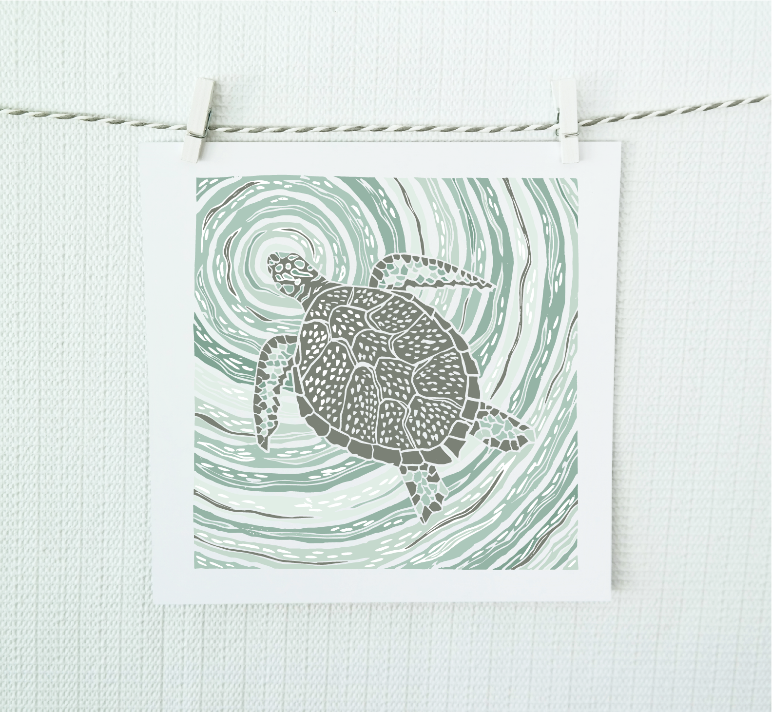 Illustration of a turtle on a wavy green background, hanging on a string against a light background.