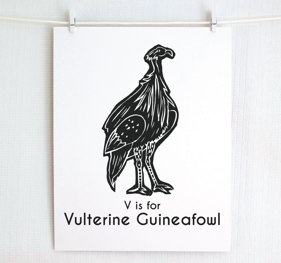 V is for Vulterine Guineafowl: Captivating Creatures Alphabet Letter Print