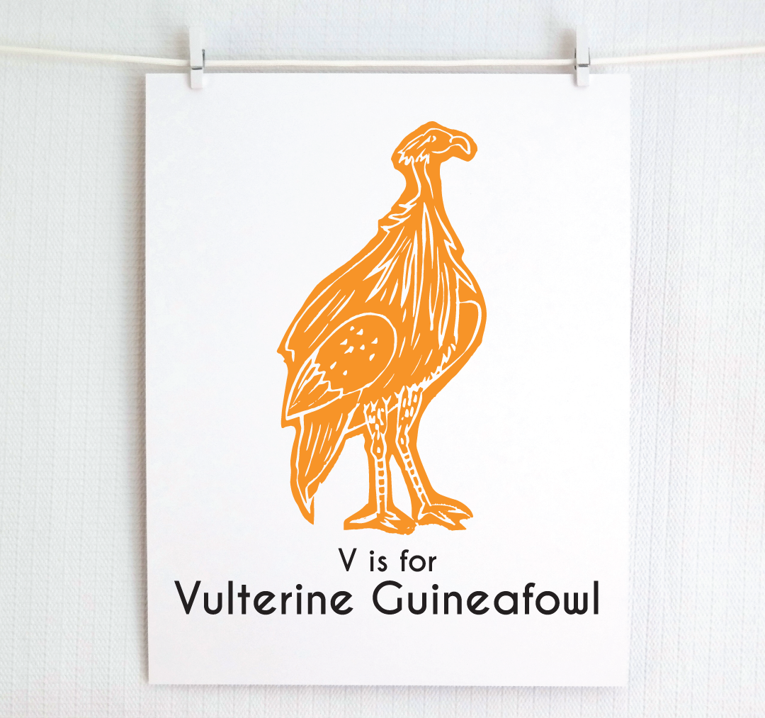 V is for Vulterine Guineafowl: Captivating Creatures Alphabet Letter Print