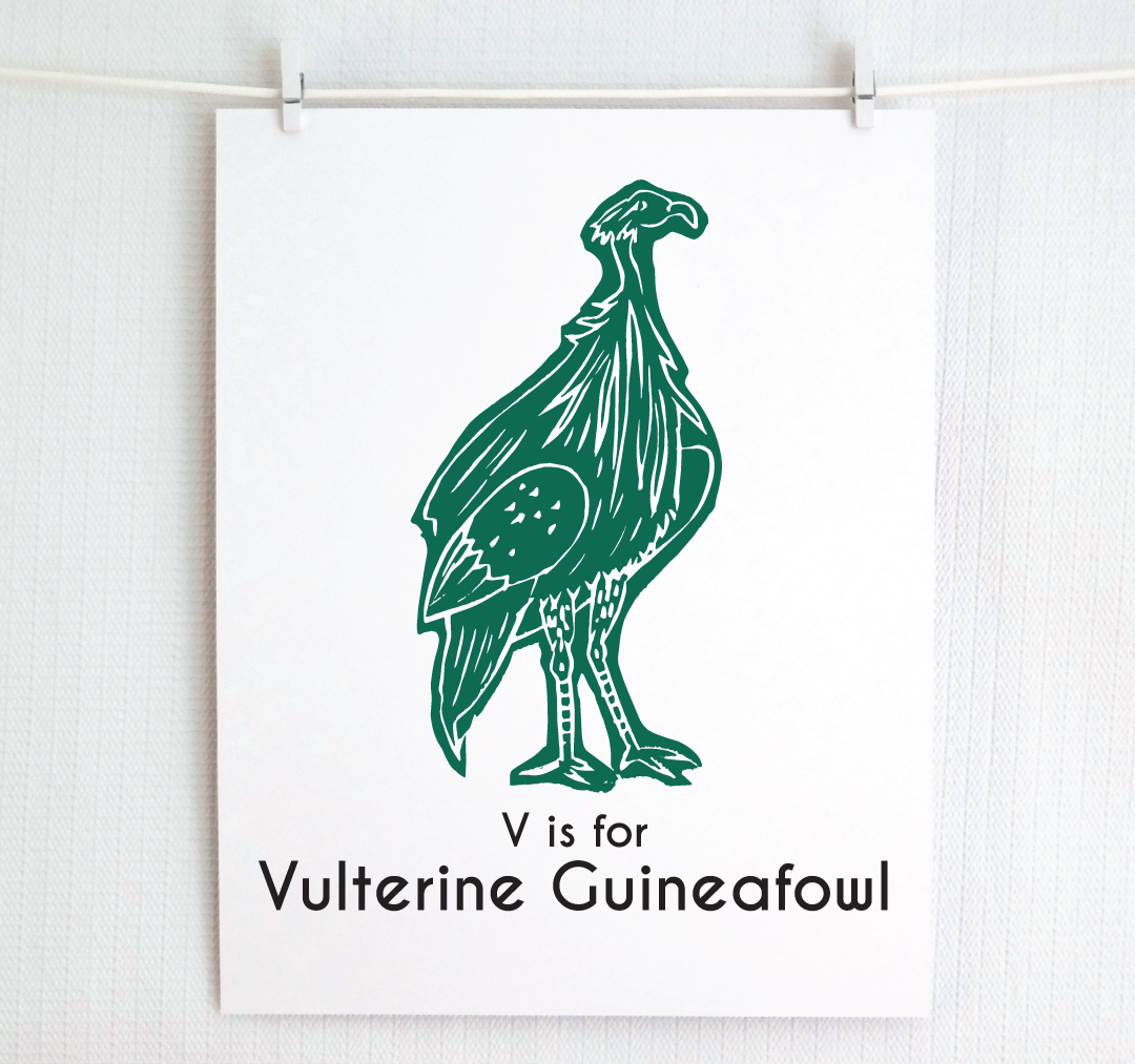 V is for Vulterine Guineafowl: Captivating Creatures Alphabet Letter Print