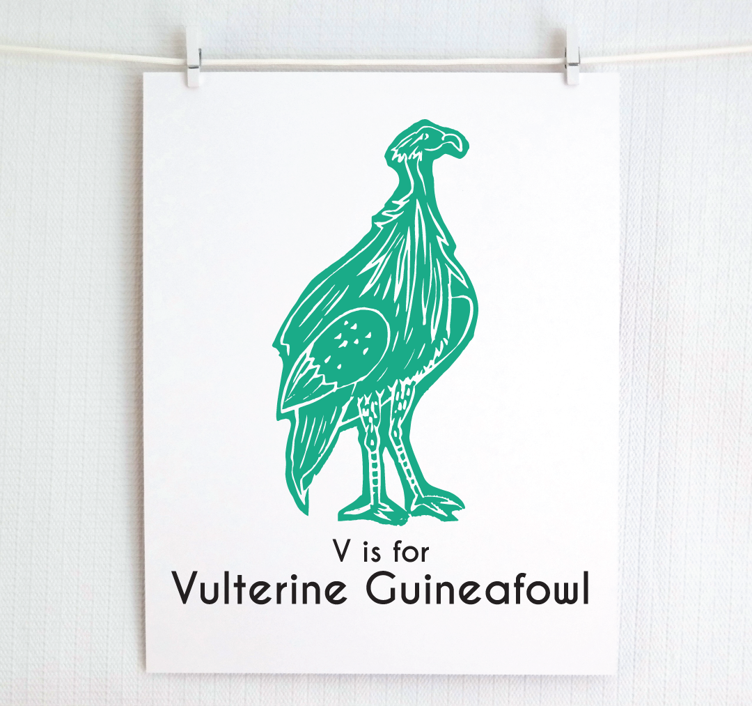 V is for Vulterine Guineafowl: Captivating Creatures Alphabet Letter Print