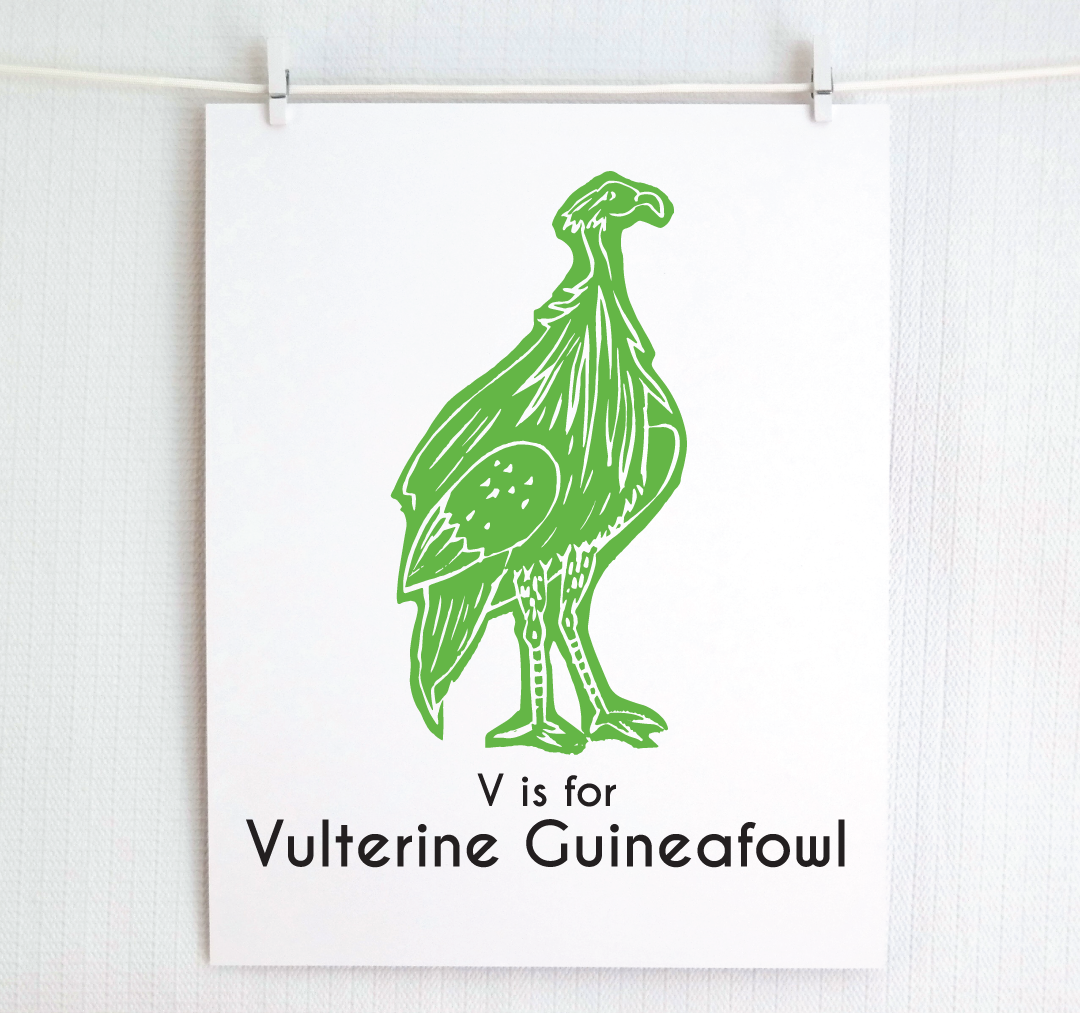 V is for Vulterine Guineafowl: Captivating Creatures Alphabet Letter Print