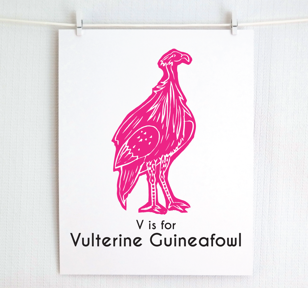 V is for Vulterine Guineafowl: Captivating Creatures Alphabet Letter Print