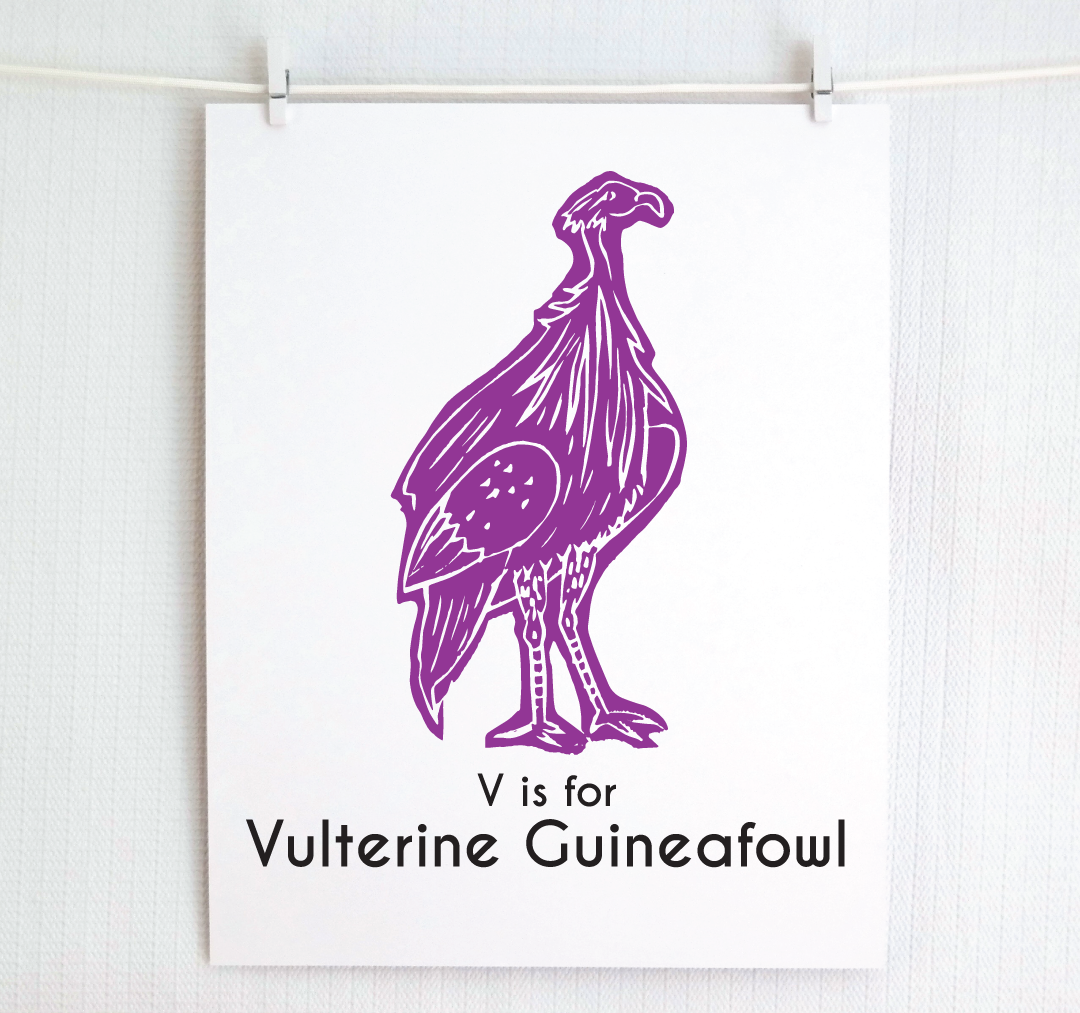 V is for Vulterine Guineafowl: Captivating Creatures Alphabet Letter Print