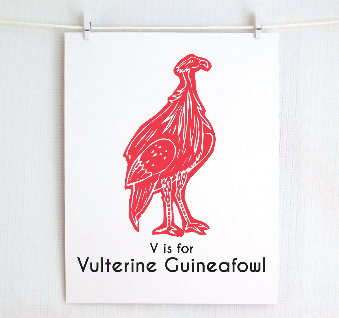 V is for Vulterine Guineafowl: Captivating Creatures Alphabet Letter Print