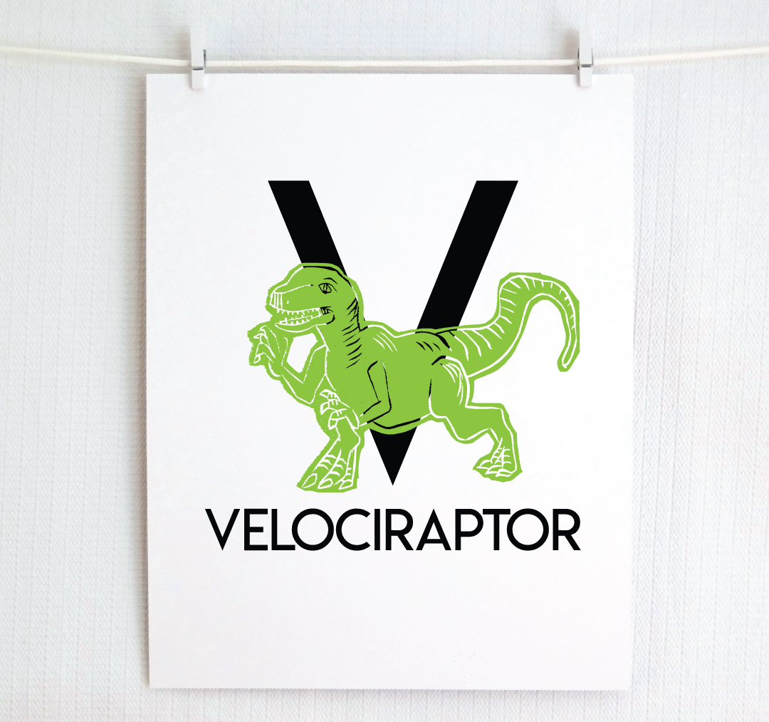 V is for Velociraptor Illustrated Print