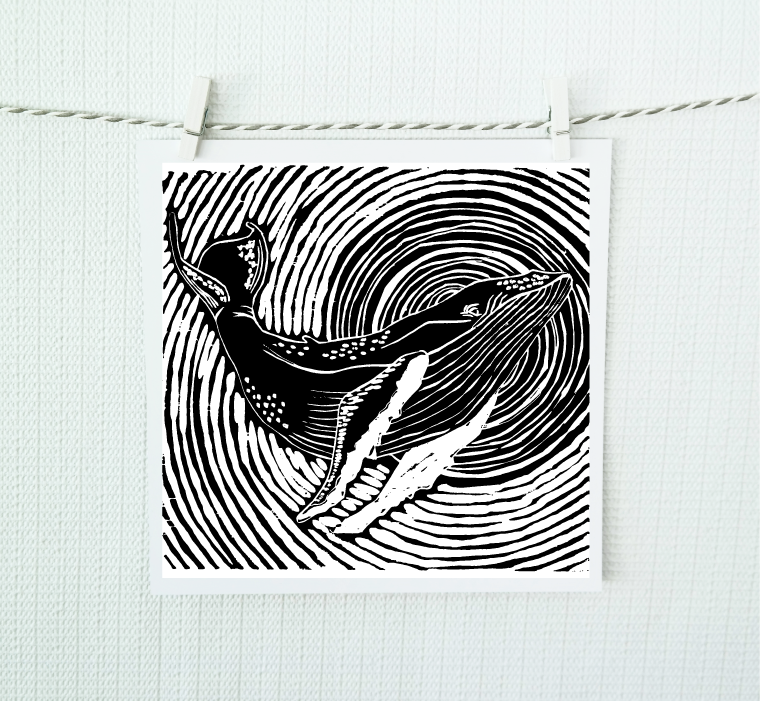 Black and white illustration of a whale on a with concentric circles, hanging on a string against a light background.