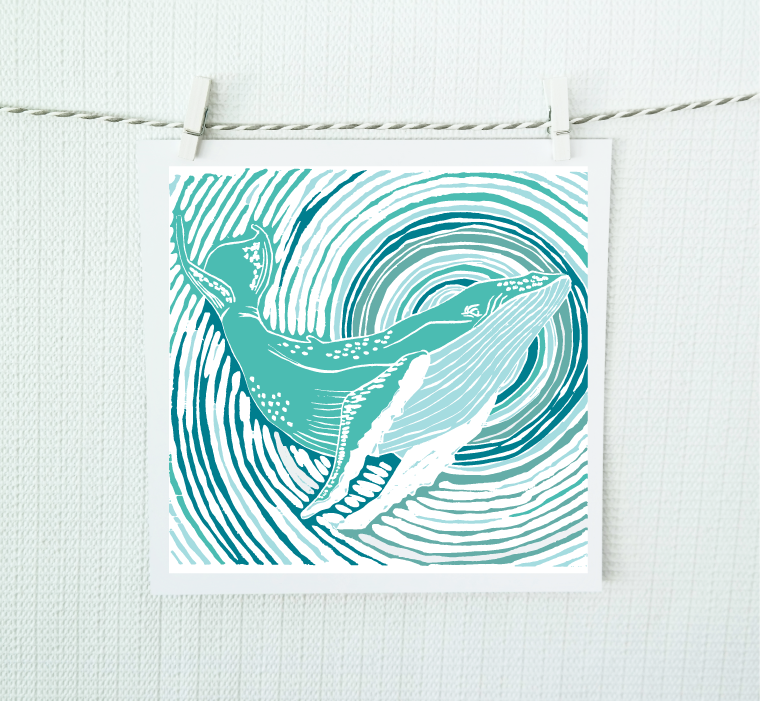Teal whale illustration on a white background