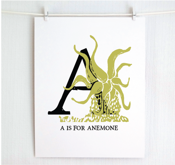 An illustrated chartreuse anemone with done in printmaking style over decorative style block lettering text “A” with “A for Anemone” text printed below.
