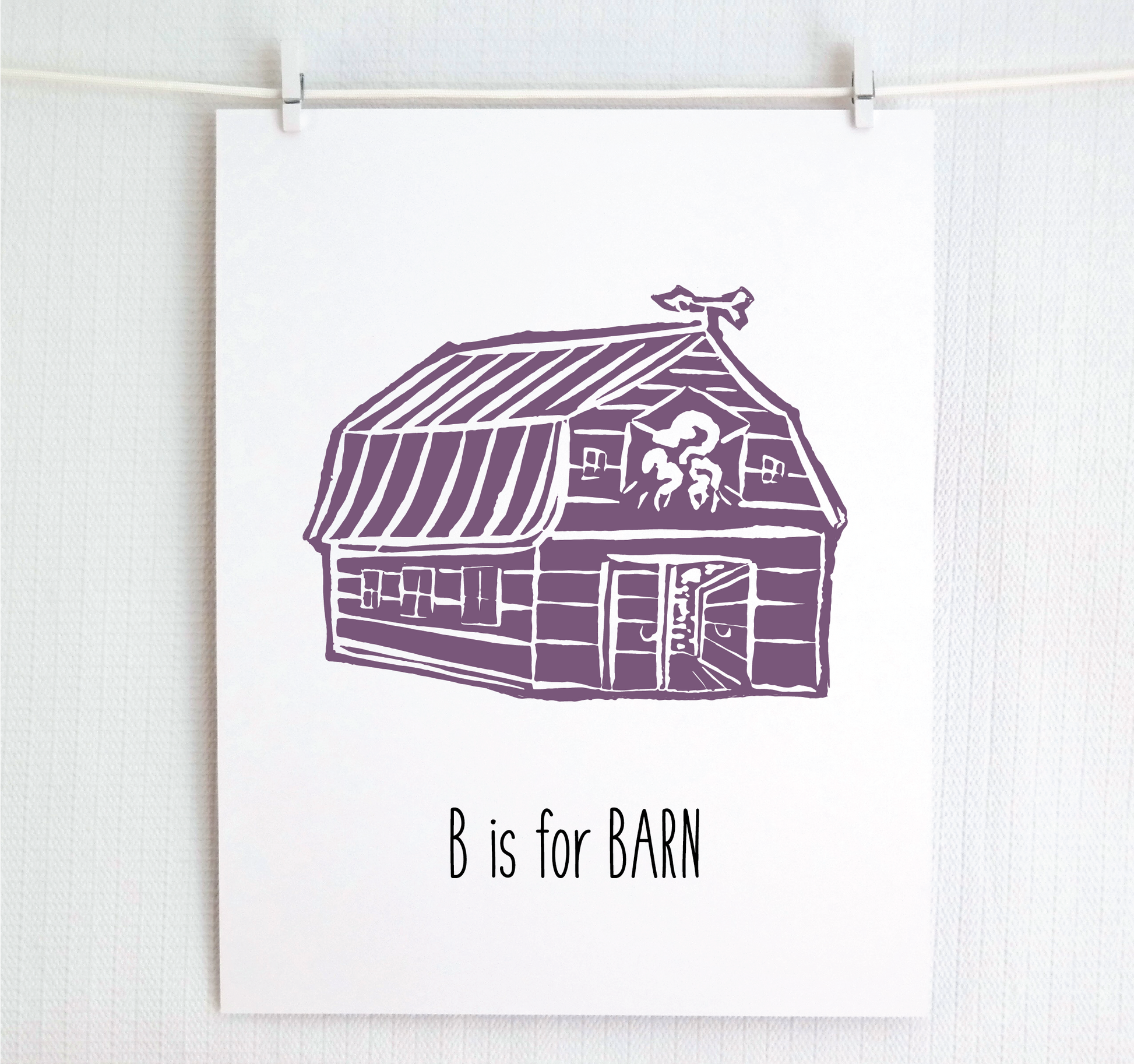 An illustrated barn with stands with an open door and arrow weathervane over hand written style, thin block lettering text that says “B for Barn.”
