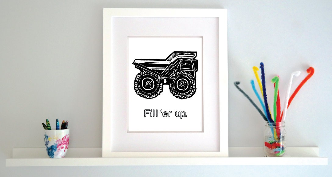 Black dump truck illustration in a white frame.