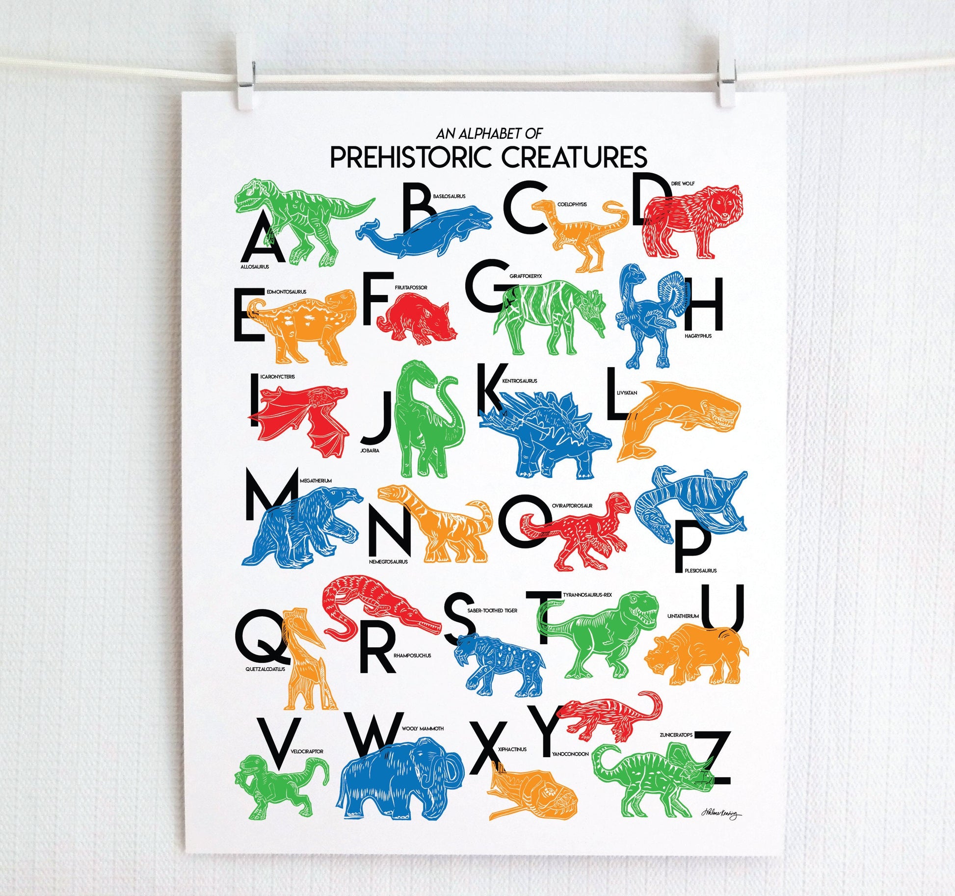 Colorful illustrated prehistoric creatures for every letter of the alphabet printed on a white background. Modern, slim text in black. Color palette is red, green blue, red and orange.
