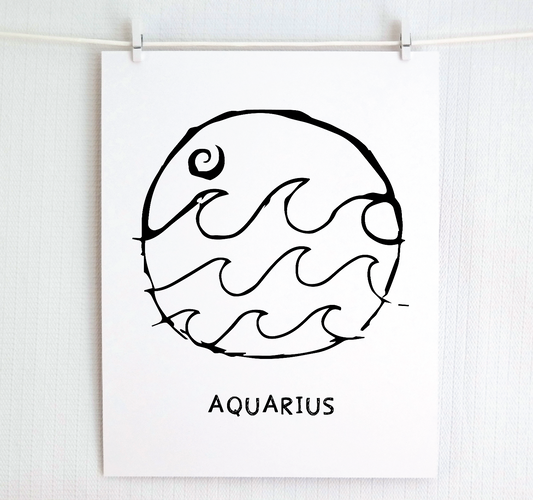 A black and white illustration of the Aquarius Zodiac sign, printed on paper with the word 'AQUARIUS' at the bottom.