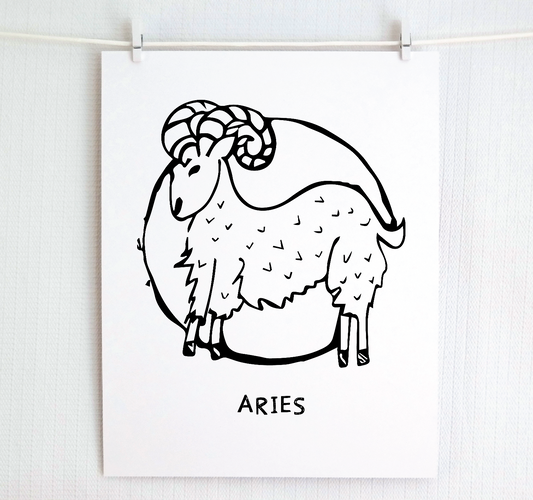 An illustration of the ARIES Zodiac sign as a ram, printed on paper with the word ‘ARIES’ at the bottom.
