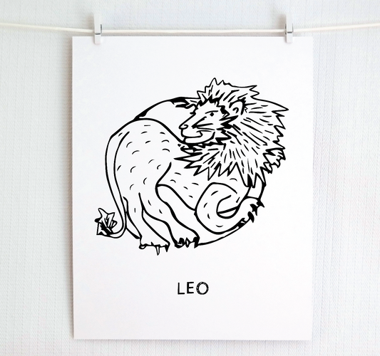 An illustration of the LEO Zodiac sign as a lion, printed on paper with the word ‘LEO’ at the bottom.