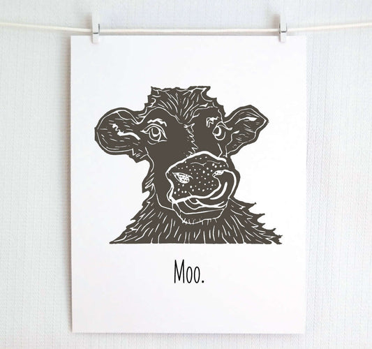 A cow says "Moo" in a comical illustration on clean white paper.