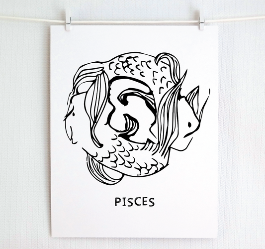 A black and white illustration of the Pisces sign, with a stylized fish graphic, hanging on a white background.