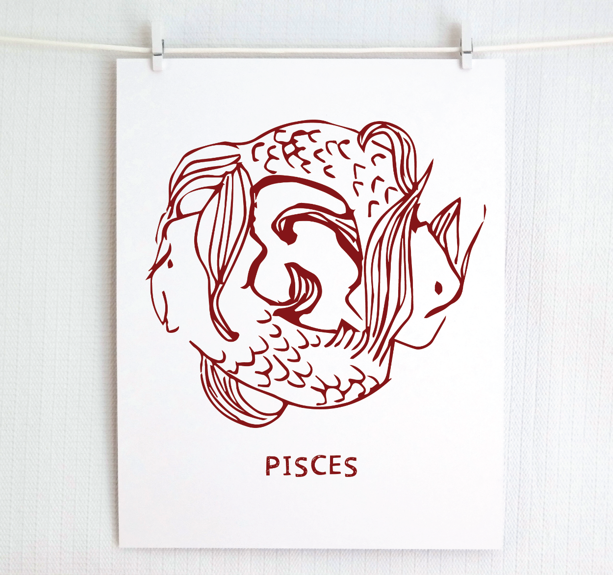 Framed Pisces zodiac art in cranberry color