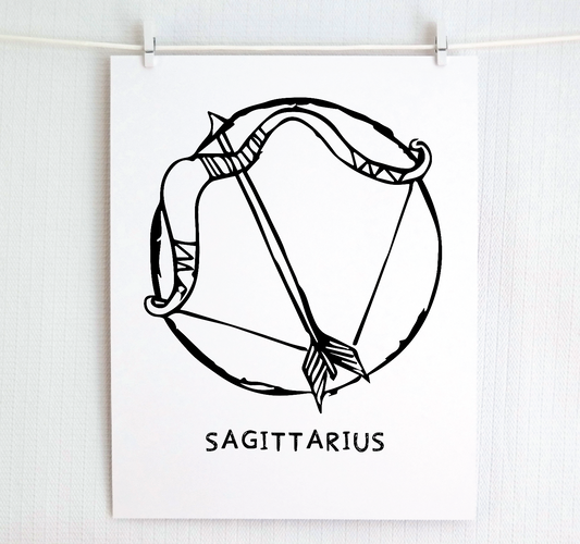 An illustration of the SAGITTARIUS Zodiac sign as a bow and arrow, printed on paper with the word ‘SAGITTARIUS’ at the bottom.