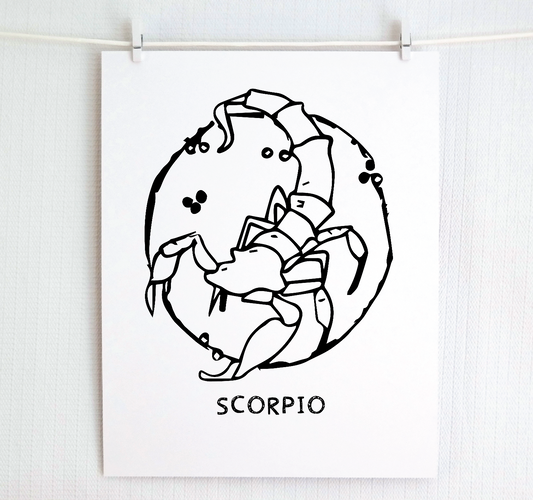 An illustration of the SCORPIO Zodiac sign as a scorpion, printed on paper with the word ‘SCORPIO’ at the bottom.