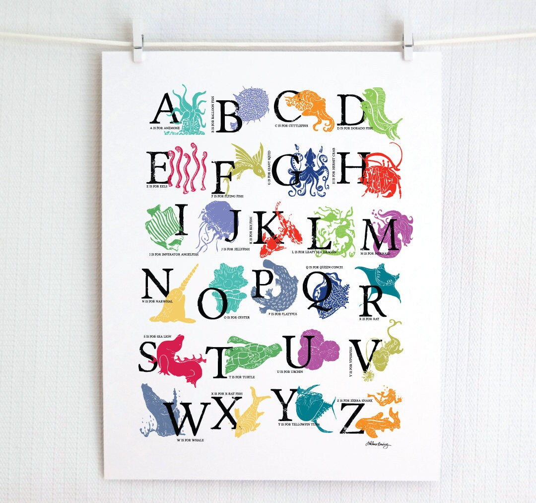A colorful woodblock print alphabet poster featuring various underwater creatures illustrated alongside each letter.