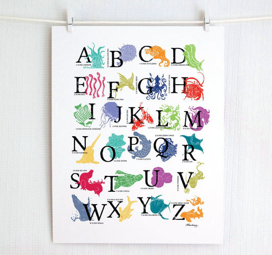 A colorful woodblock print alphabet poster featuring various underwater creatures illustrated alongside each letter.