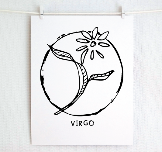 An illustration of the VIRGO Zodiac sign as a flower, printed on paper with the word ‘VIRGO’ at the bottom.