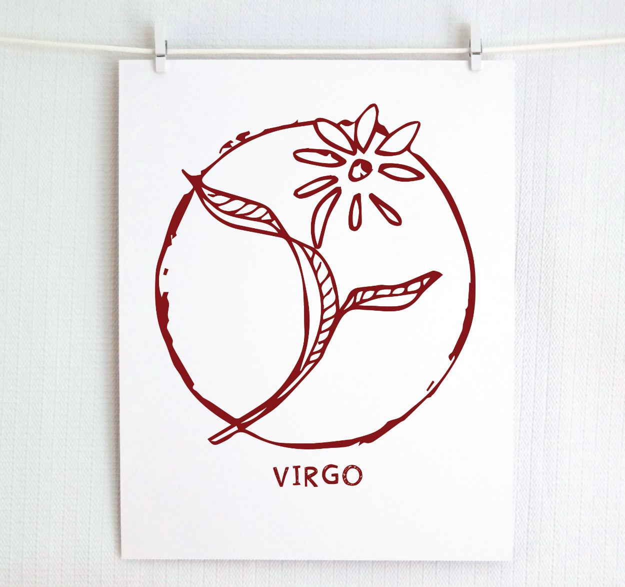 An illustration of the VIRGO Zodiac sign as a flower, printed on paper with the word ‘VIRGO’ at the bottom in cranberry.