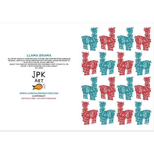Llama Drama, dark teal and red: Pack of 10 Folded Cards (standard envelopes) (US & CA)
