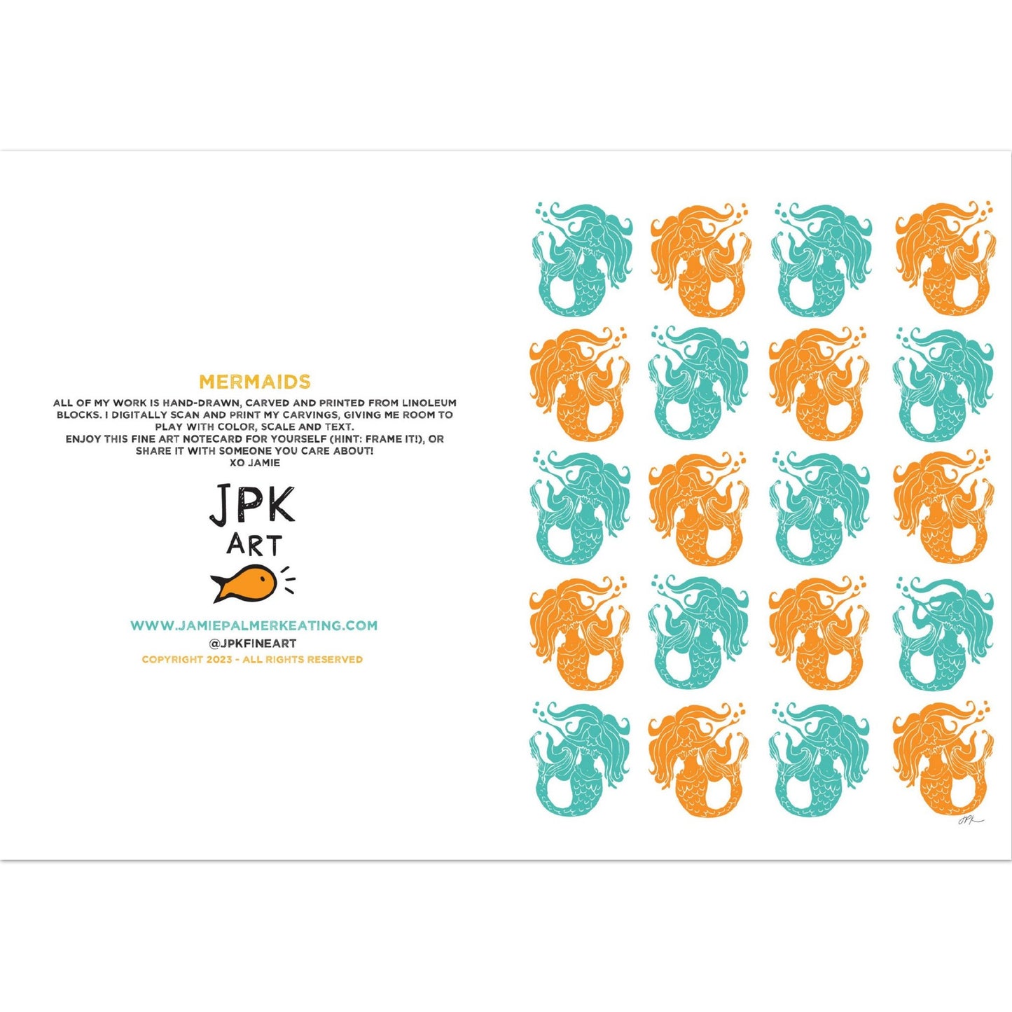 Mermaids, teal and orange: Pack of 10 Folded Cards (standard envelopes) (US & CA)