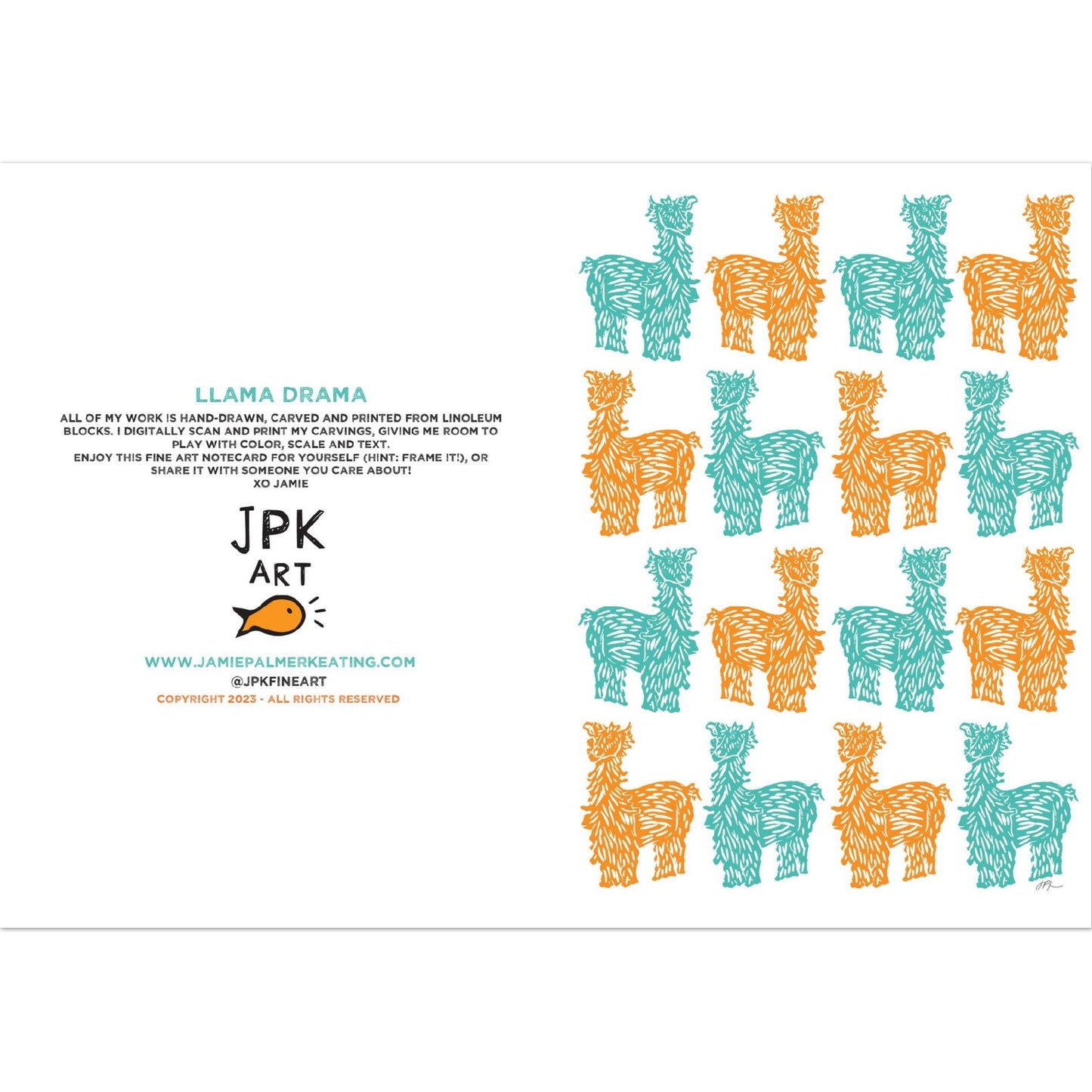 Llama Drama, teal and orange: Pack of 10 Folded Cards (standard envelopes) (US & CA)